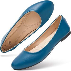 Women's Azure Blue PU Leather Closed Toe Slip on Comfortable Ballet Flats Shoes